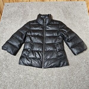 June Leather Goose Down Puffer Jacket Size M Black Silk Lined Full Zip Womens